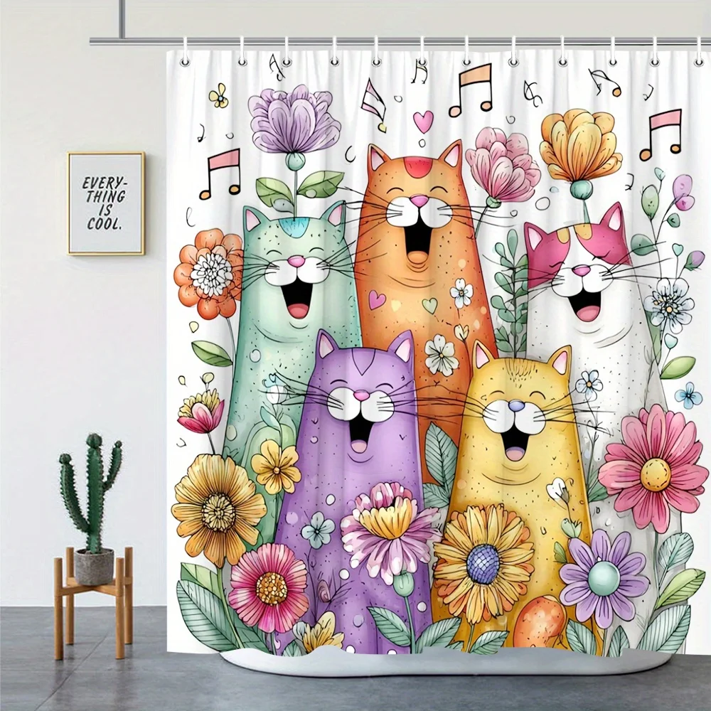 

Humorous Shower Curtain Featuring Playful Cats Flowers and Musical Notes Vibrant Design Bathroom Decor 70.8x70.8 Inch with Hooks