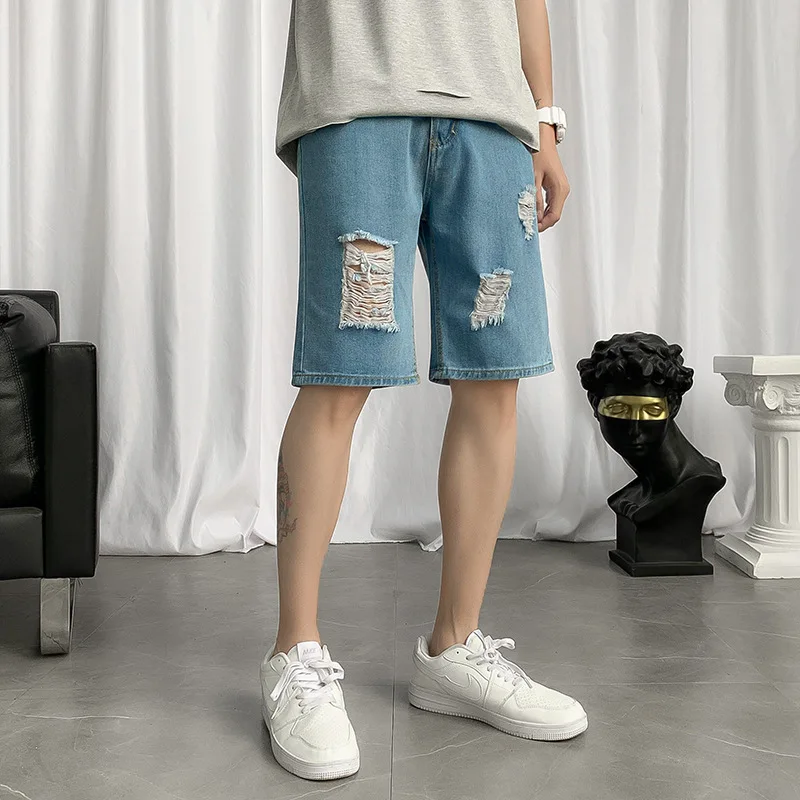 

Summer Pop Ripped Men Short Jeans Fashion Loose Straight Male Denim Shorts Casual Hole Knee Length Shorts