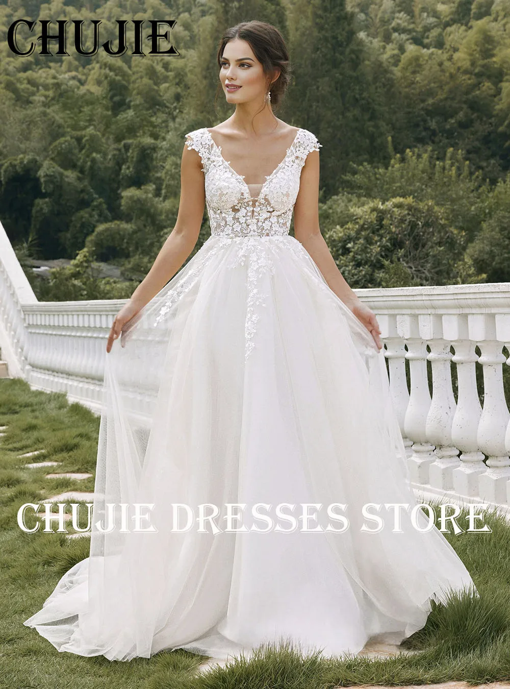 

CHUJIE A Line Pleated Bridal Gowns White Classic Appliques Wedding Dresses Woman Elegant Customized Bride Dress Vestido de novia