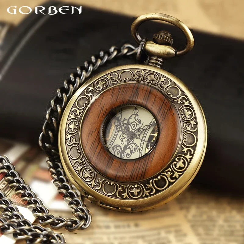 Relógio de bolso mecânico de madeira sólida, corrente fob, medalhão, mostrador oco, esqueleto steampunk, masculino, feminino, masculino, caixa de relógios