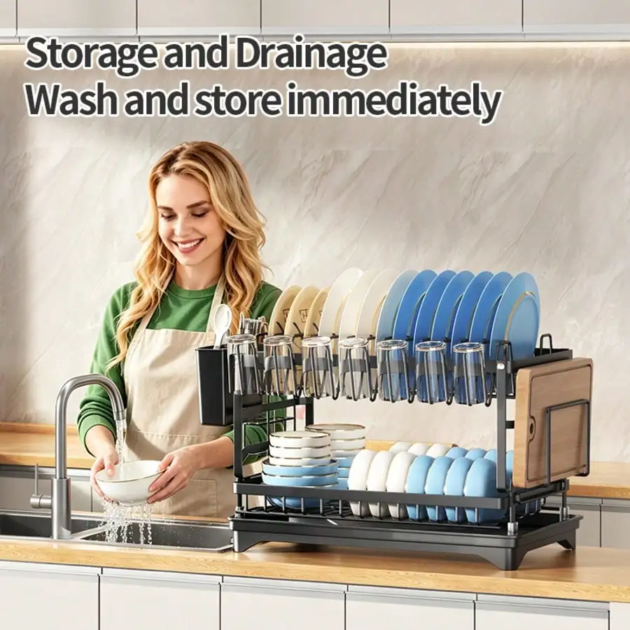 Kusuxva This Double-Layer Metal Kitchen Countertop Dish Rack Is Space-Saving And Durable. It Comes With A Knife And Fork Holder,