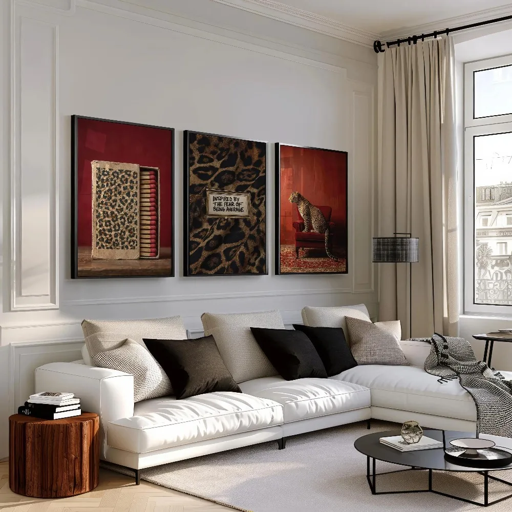 3pcs Frameless Leopard Print Wall Art,Red Largest Gallery Wall Collection,Cheetah Print Art,Retro Luxury Living Home Decoration