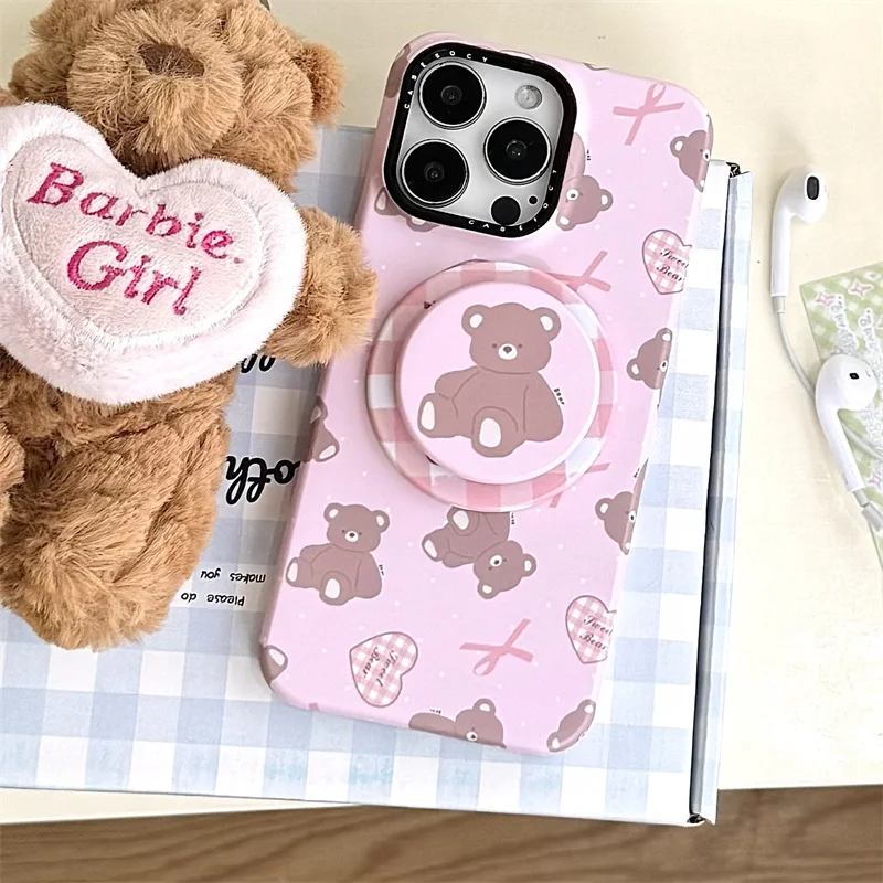 เคสโทรศัพท์แม่เหล็กน่ารักลายหมีเกาหลี สำหรับ iPhone 17 Pro 15 16 14 Pro Max พร้อมที่จับ สำหรับเคส Magsafe ลายการ์ตูน