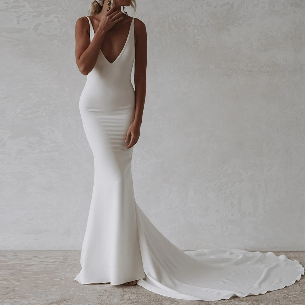 Classic White Spaghetti Straps V-Neck Jersey Buttons Wedding Dresses Formal Sleeveless Floor Length Straight Sweep Train Pleats