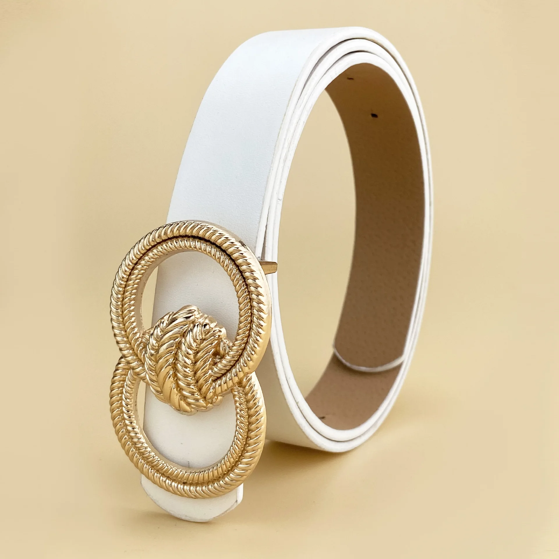 New Women's Double Round Knot Hardware Buckle Belt PU Versatile High-End Feeling Ladies Belt Accessory Fashionable Waistb