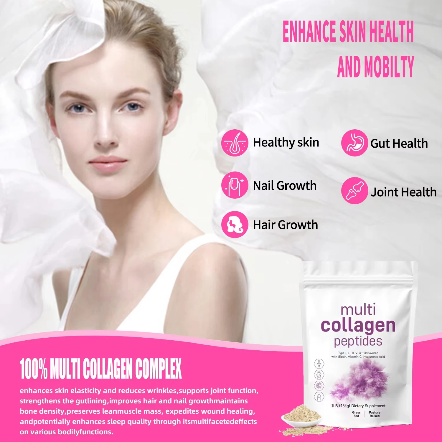 454G マルチコラーゲンペプチドパウダー - プロテインサプリメント、タイプI、II、III、V、X、ヒアルロン酸、ビタミンC配合、飲み物に混ぜて使用