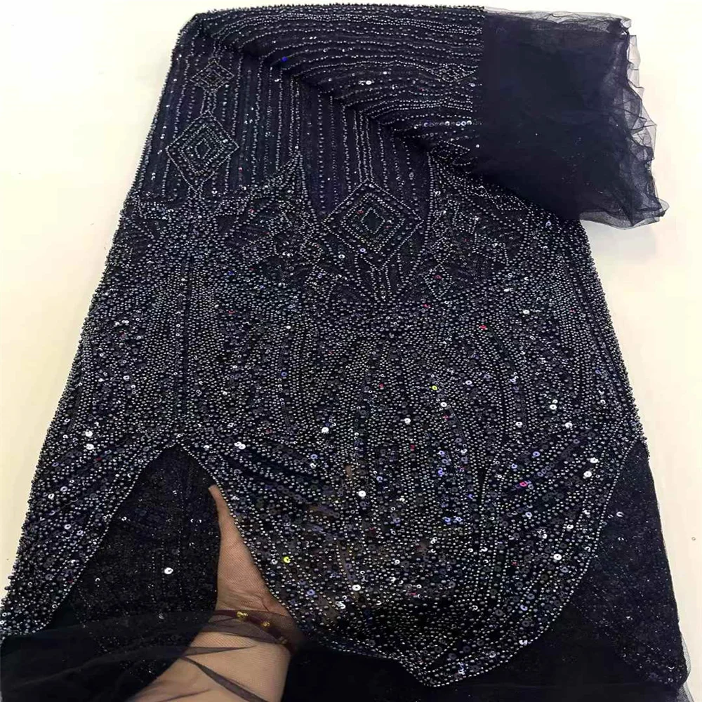 Африканская французская кружевная ткань с бисером, 2025 г., высококачественное кружево с вышивкой, нигерийское тюлевое кружево с блестками, 5 ярдов для шитья праздничного платья