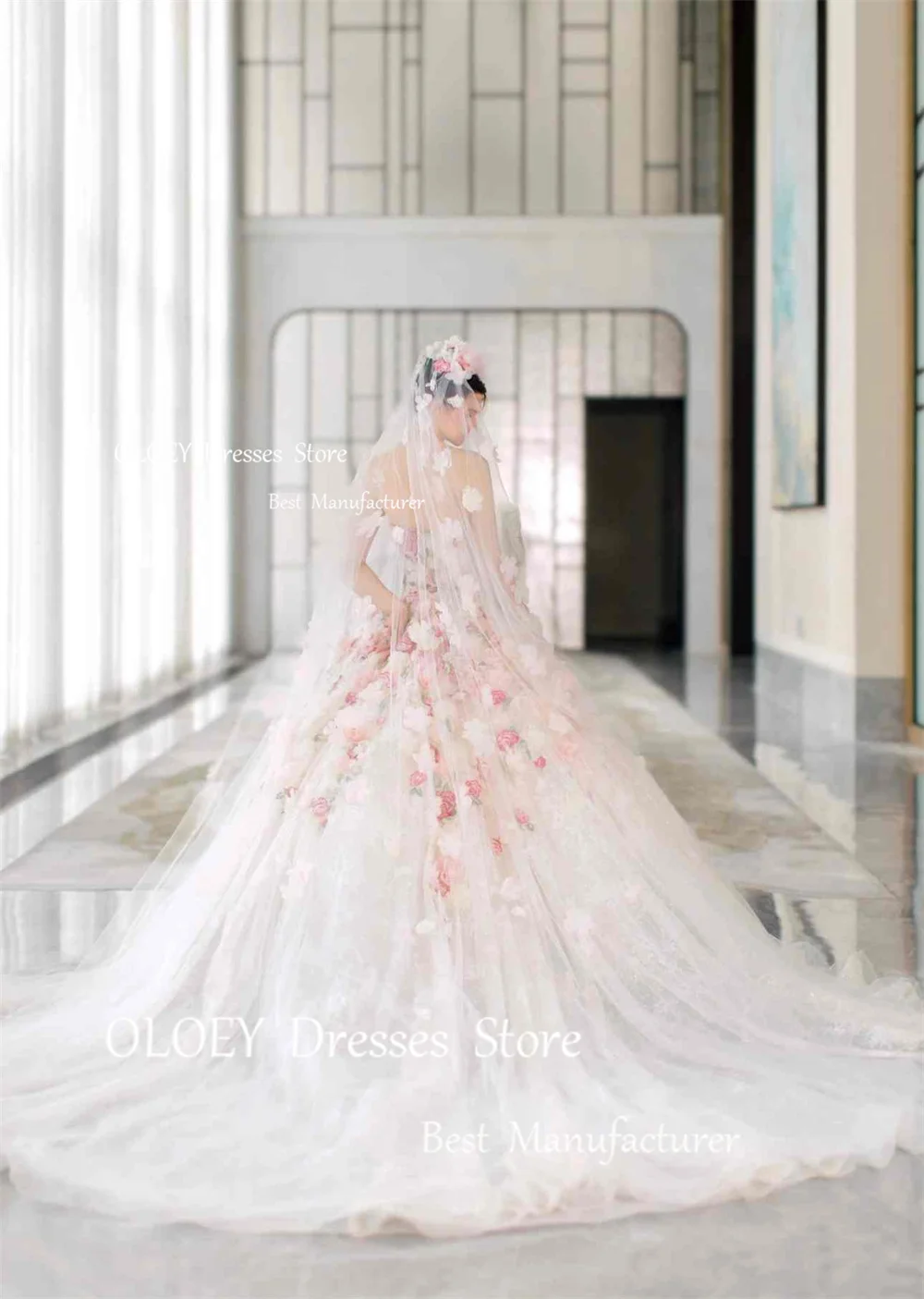 OLOEY Exquisite Strapless Wedding Dresses Photoshoot 3D Appliques Embroidery Tulle Bridal Gowns Floor Length Sweep Train Custom