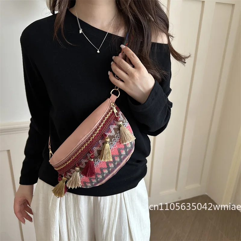 Ethnic Style Contrasting Colors Fringed Fanny Pack Women's 2026 New Fashion Retro Ribbon Shoulder Bag Breast Bag Messenger Bag