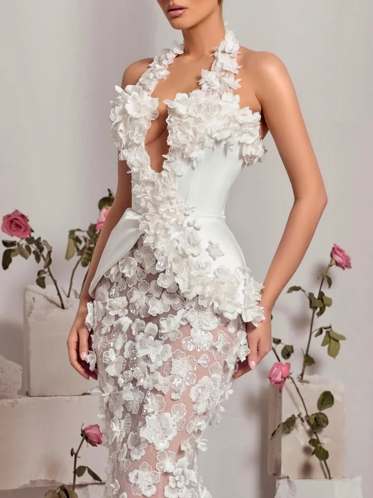 Robe de mariée sirène de luxe en dentelle transparente, avec des Appliques florales blanches, élégante, col licou, robe de soirée transparente, 2025