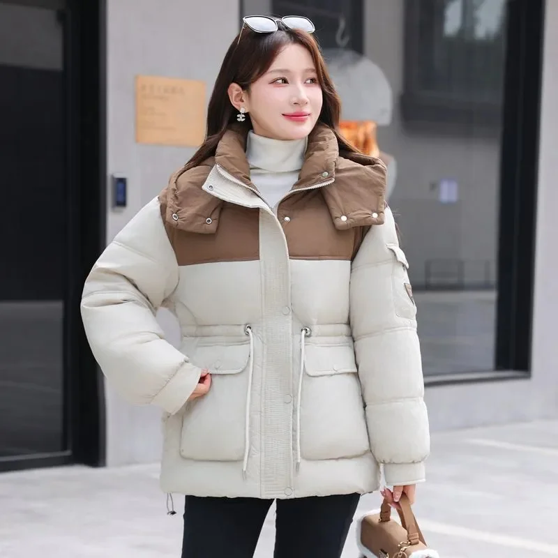 Winter Frauen kurze Daunen Baumwoll jacke Spleißen vielseitige Farb kollision Dame Parka Mantel Mode Temperament Baumwolle gepolstert