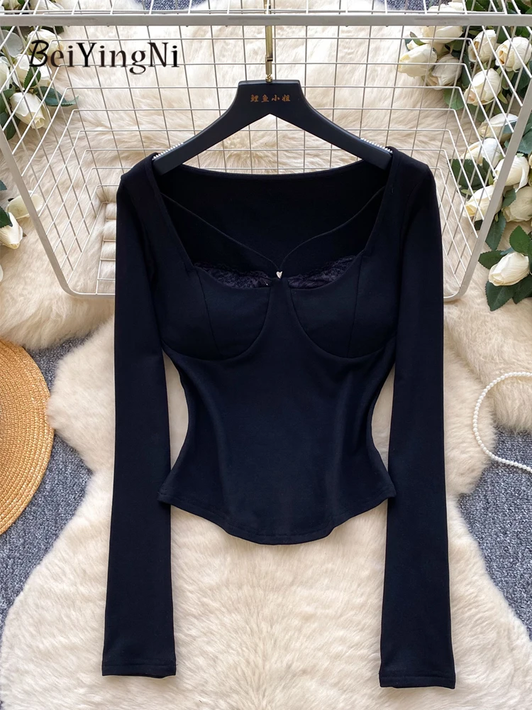 

Beiyingni 2026 Hotsweet Y2K Women's T-shirt Lace Splice Sexy Basic Slim Long Sleeve Tshirts Female Fashion Top With Chest Pad