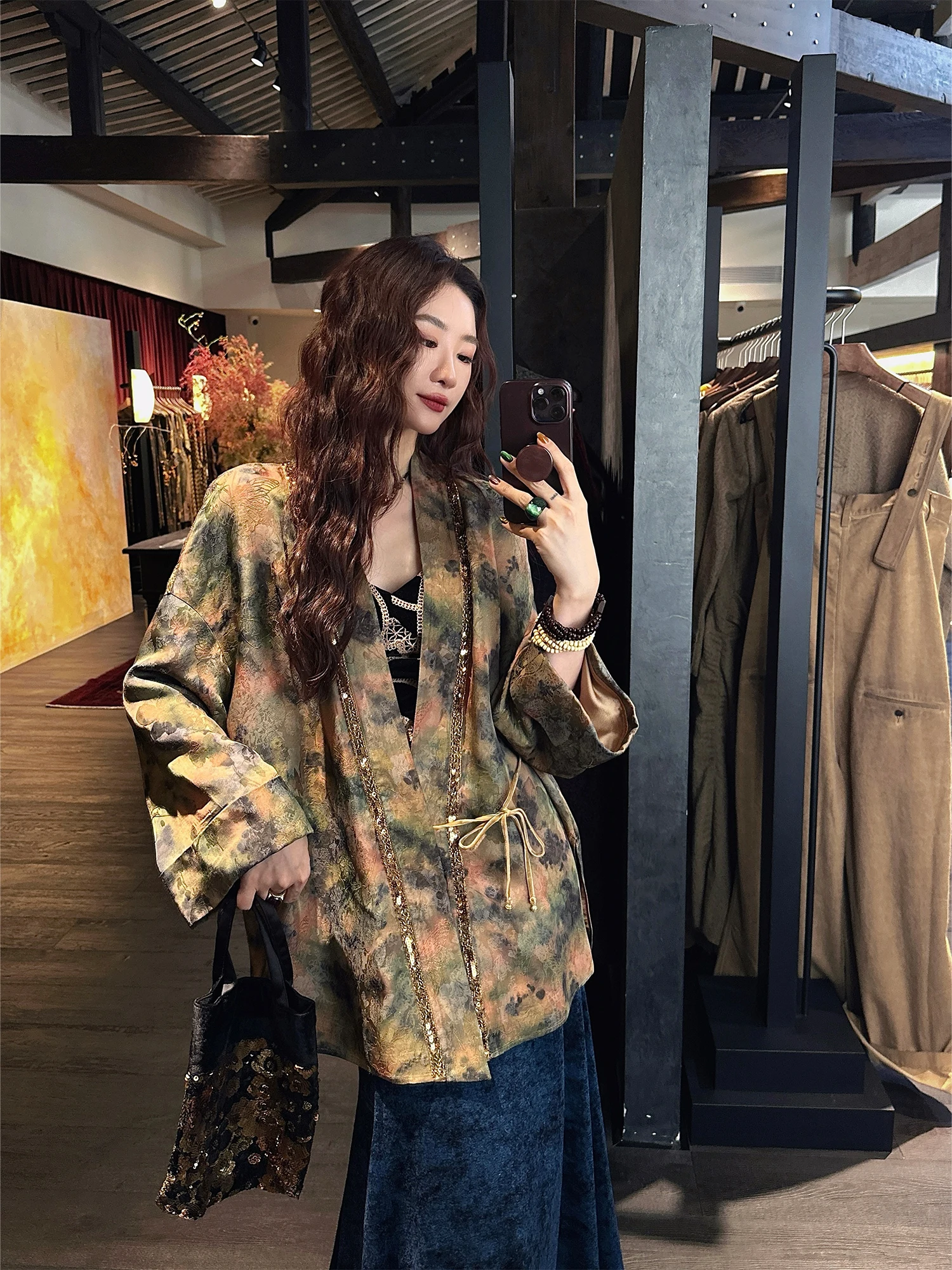 

Sanji Bla Flower Woven Silk Robe Jaet Women's New 2025 Autumn Long Sve Simple Commute Sle Loose Fit Cool Sensation