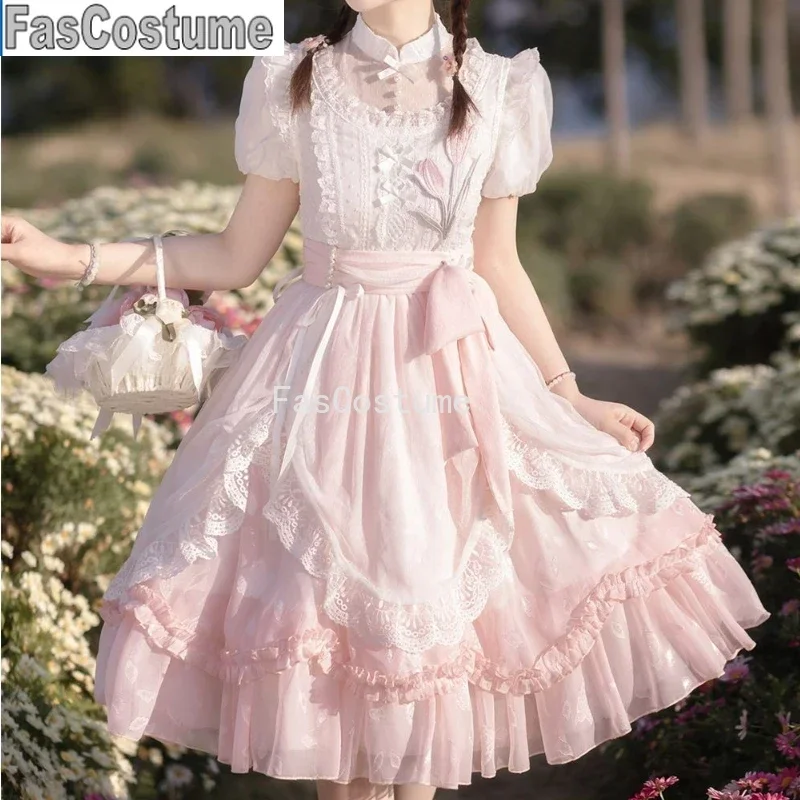

Pink Kawaii Lolita Dress Women Sweet Tulip Flower Embroidery Puff Short Sleeve Princess Dress Harajuku Chinese Style Hanfu Dress