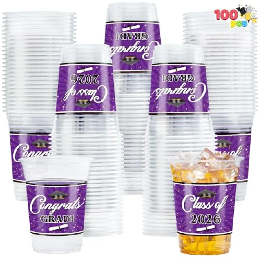 100 Vasos de Plástico de 16oz para Fiesta de Graduación, Vajilla de PET al por Mayor para la Clase de Graduados 2026, Vasos Desechables para Graduados 2026
