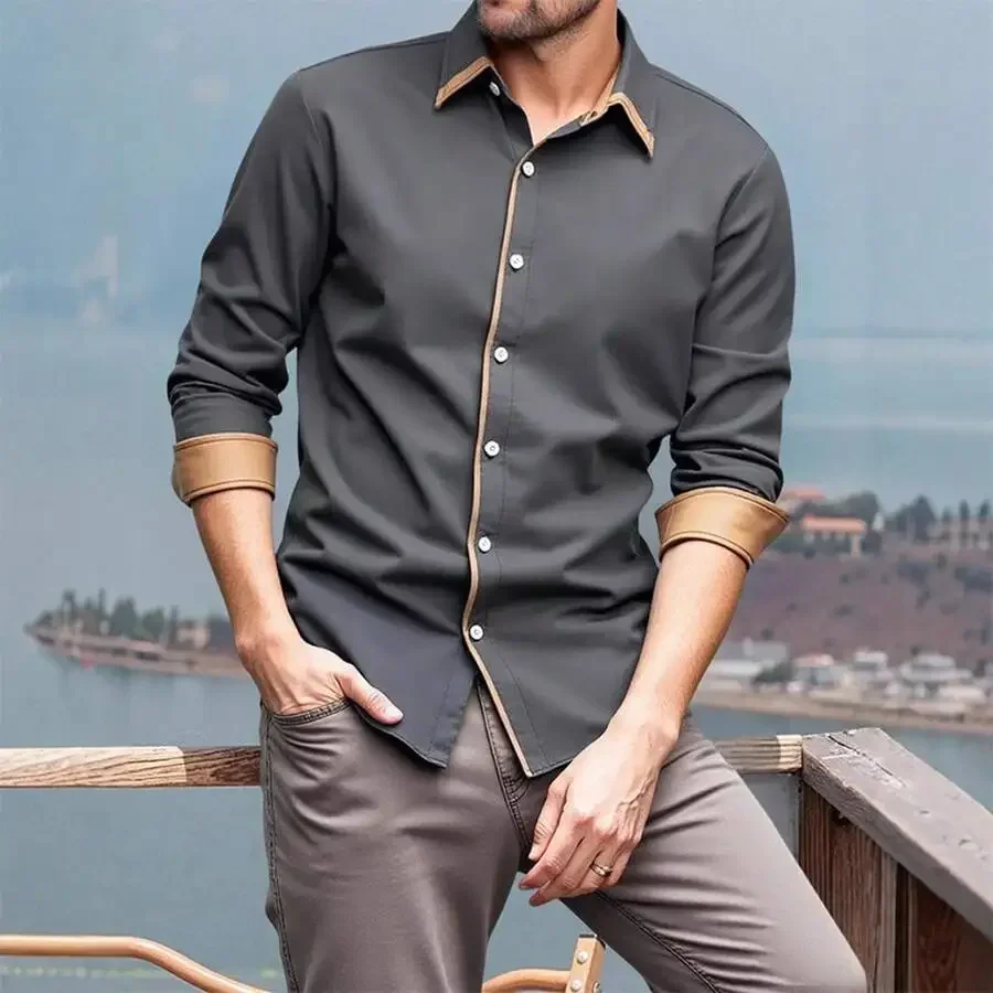 

Mens Long Sleeve Business Casual Shirt Polyester Patchwork Design