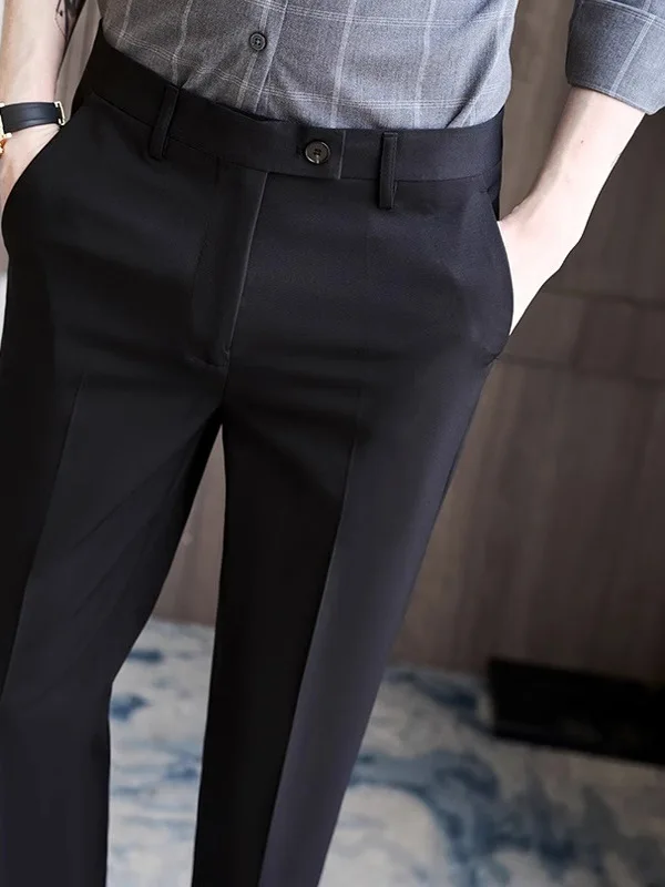 

Summer Black Ice Silk Nine-Piece Men's Slim Fit Casual Pants Thin Korean Style Business Drapey West Pants Youth Popular Pure ...