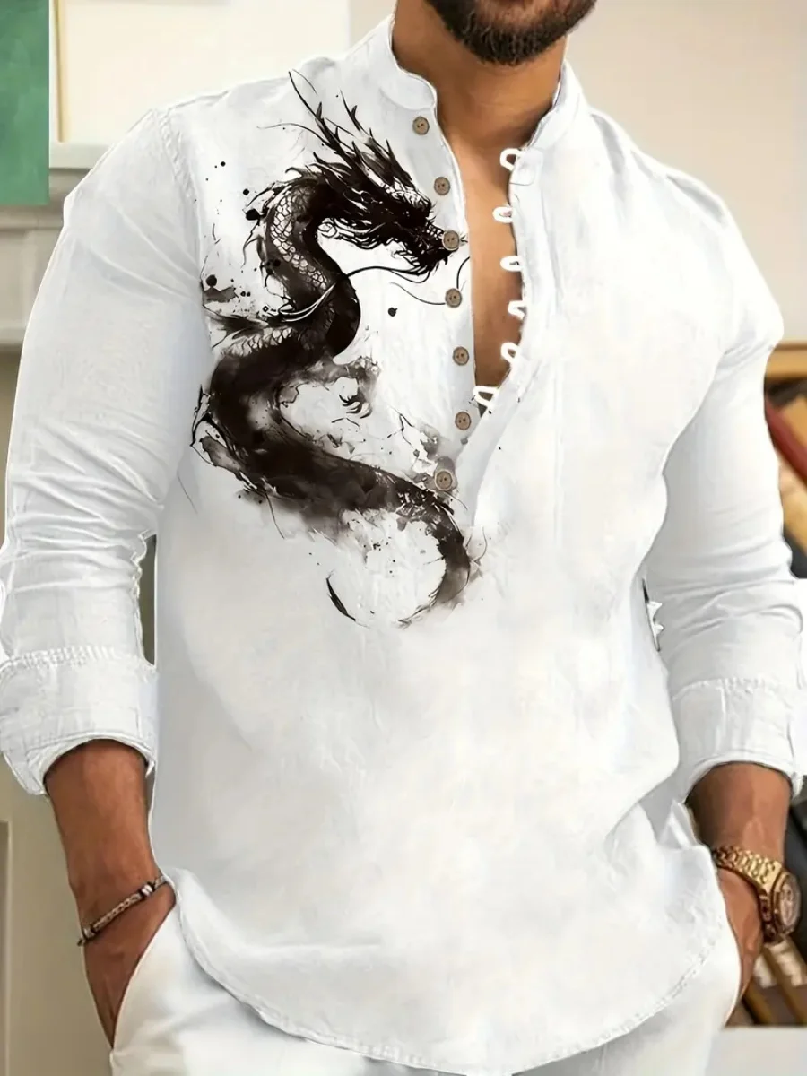 

New men's fashionable seven-button long-sleeved shirt, V-neck shirt, beach casual shirt, high-quality and comfortable fabric