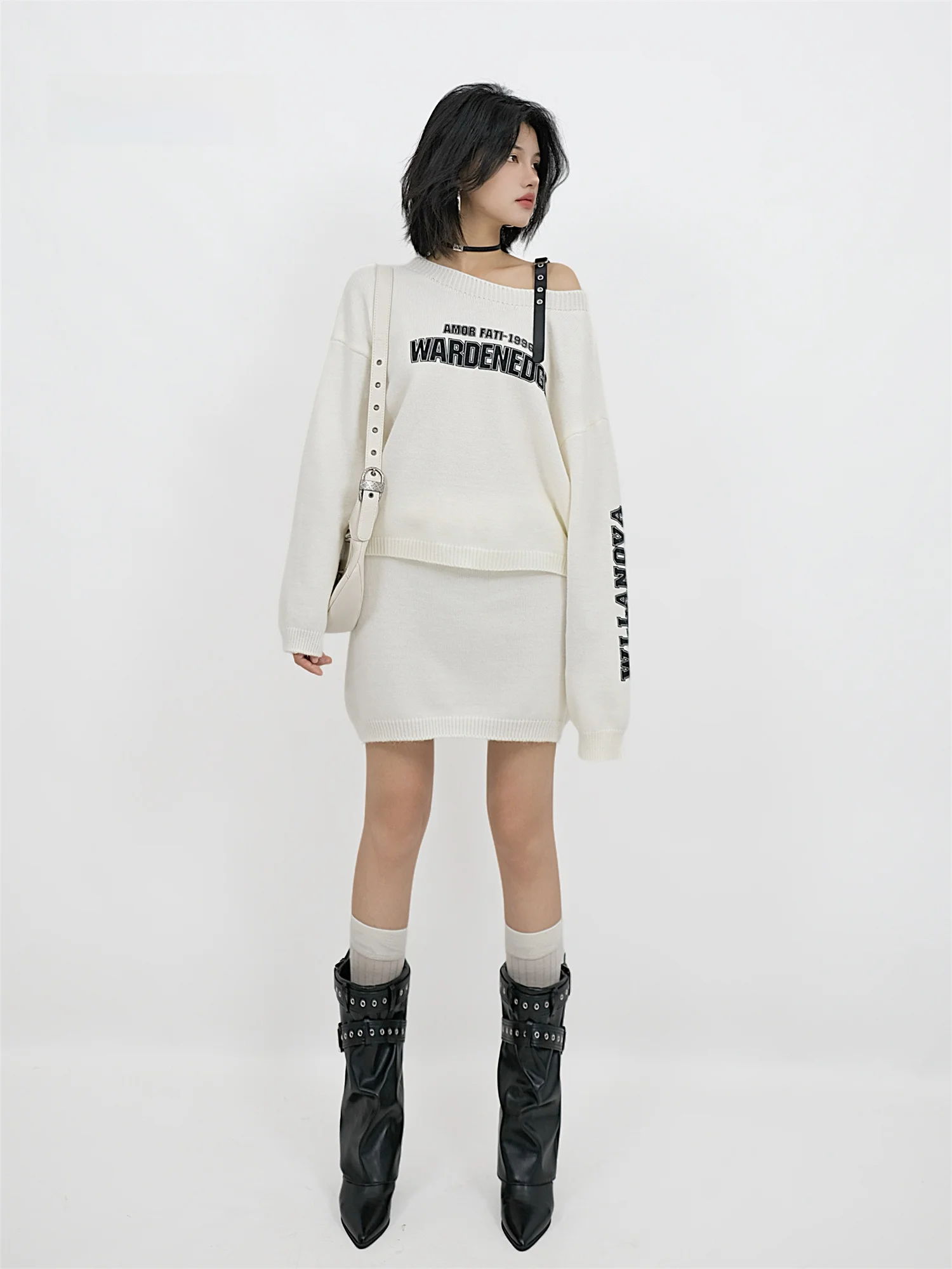 

Комплект из свободного вязаного свитера и юбки с принтом на плечах для женщин: повседневный модный осенне-зимний костюм-двойка, удобный крой