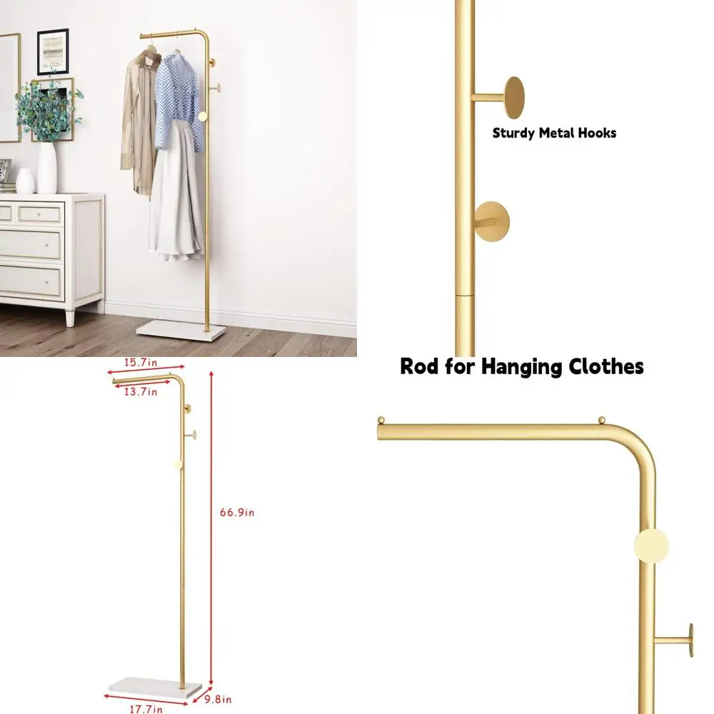 

Modern Heavy Base Standing Coat Rack with 3 Hooks, Crossbar for Entryway, Gold Metal Tree Style Storage Solution