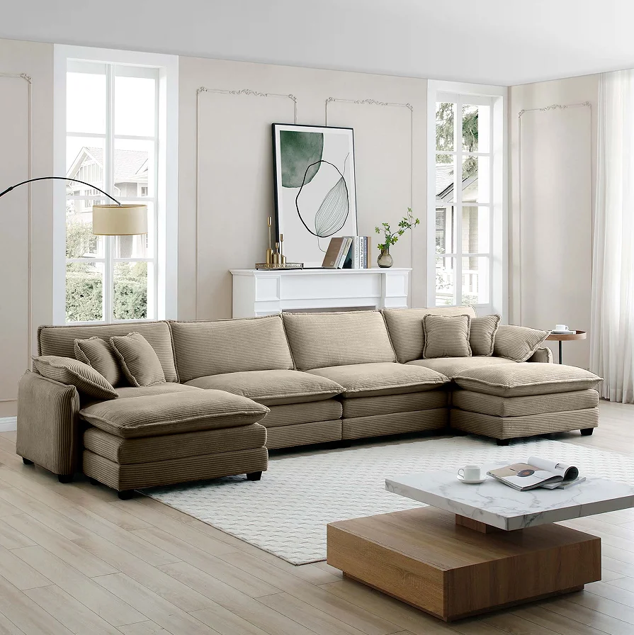 #U-Shape Convertible Corduroy Sofa Set Modern 4-Seater With 2 Ottomans Premium Soft Fabric Sofa Bed