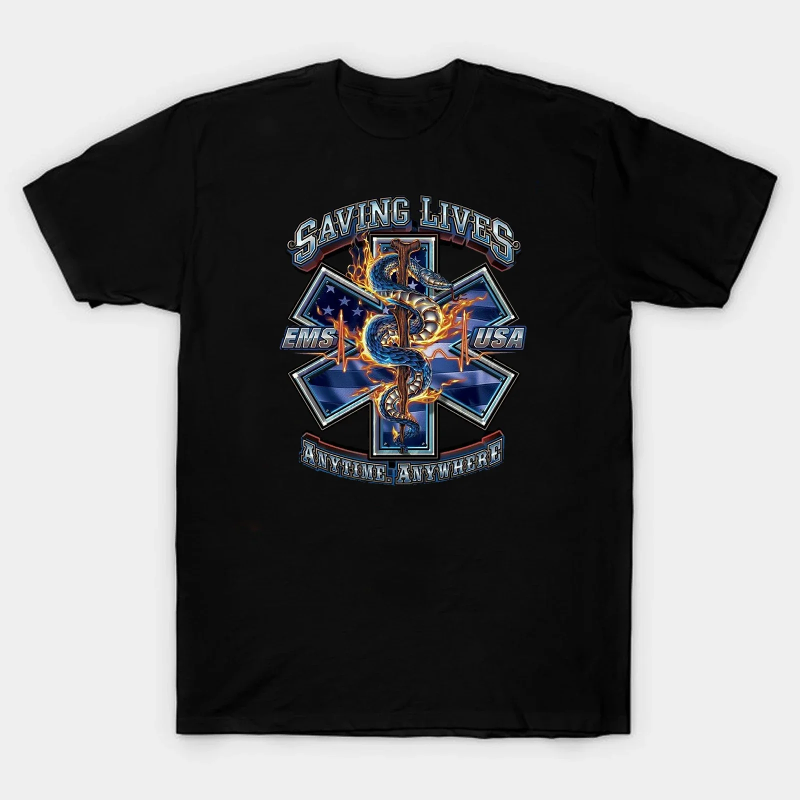 EMS Saving Lives Anytime Anywhere. Rod of Asclepius and Star of Life T Shirt. New 100% Cotton Short Sleeve O-Neck Casual T-shirt