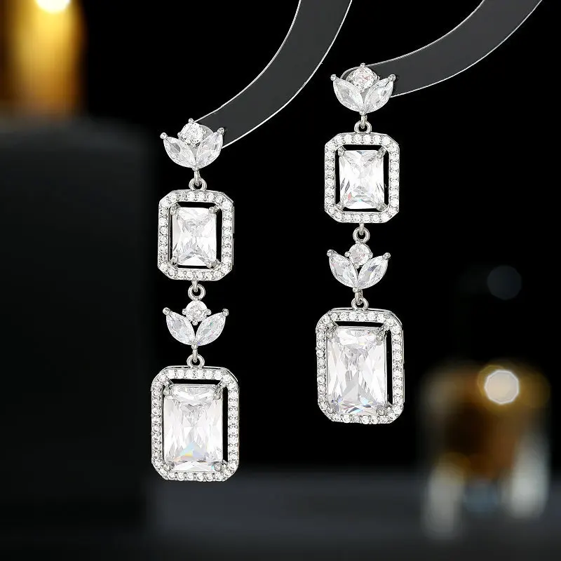 S925 Silver Needle Light Luxury Fashion High Grade Earrings Sparkling Rectangular Zircon Inlaid Dress Bridal Earrings