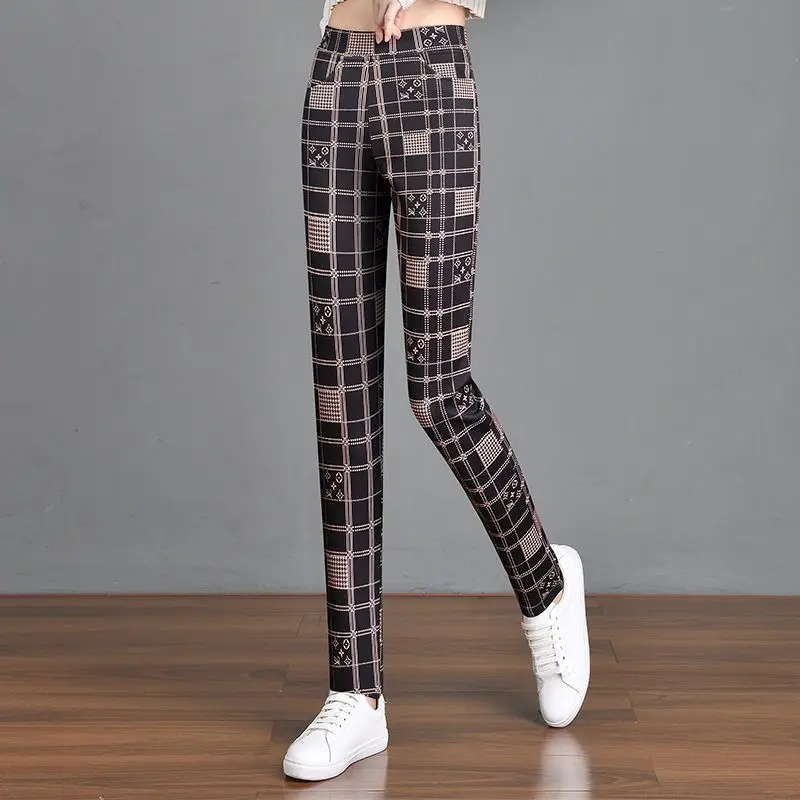 

Fashion Trend Autumn Winter Pencil Pants Women Printing Plaid Pockets Elastic High Waist Sweet Versatile Slim Straight Trousers