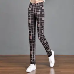 Fashion Trend Autumn Winter Pencil Pants Women Printing Plaid Pockets Elastic High Waist Sweet Versatile Slim Straight Trousers