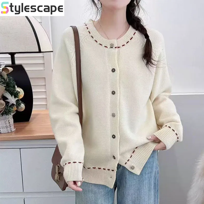 

2025 Autumn and Winter Color Blocked Button Casual Loose Knit Sweater Round Neck Cardigan Sweater Women Kawaii Clothes Winter