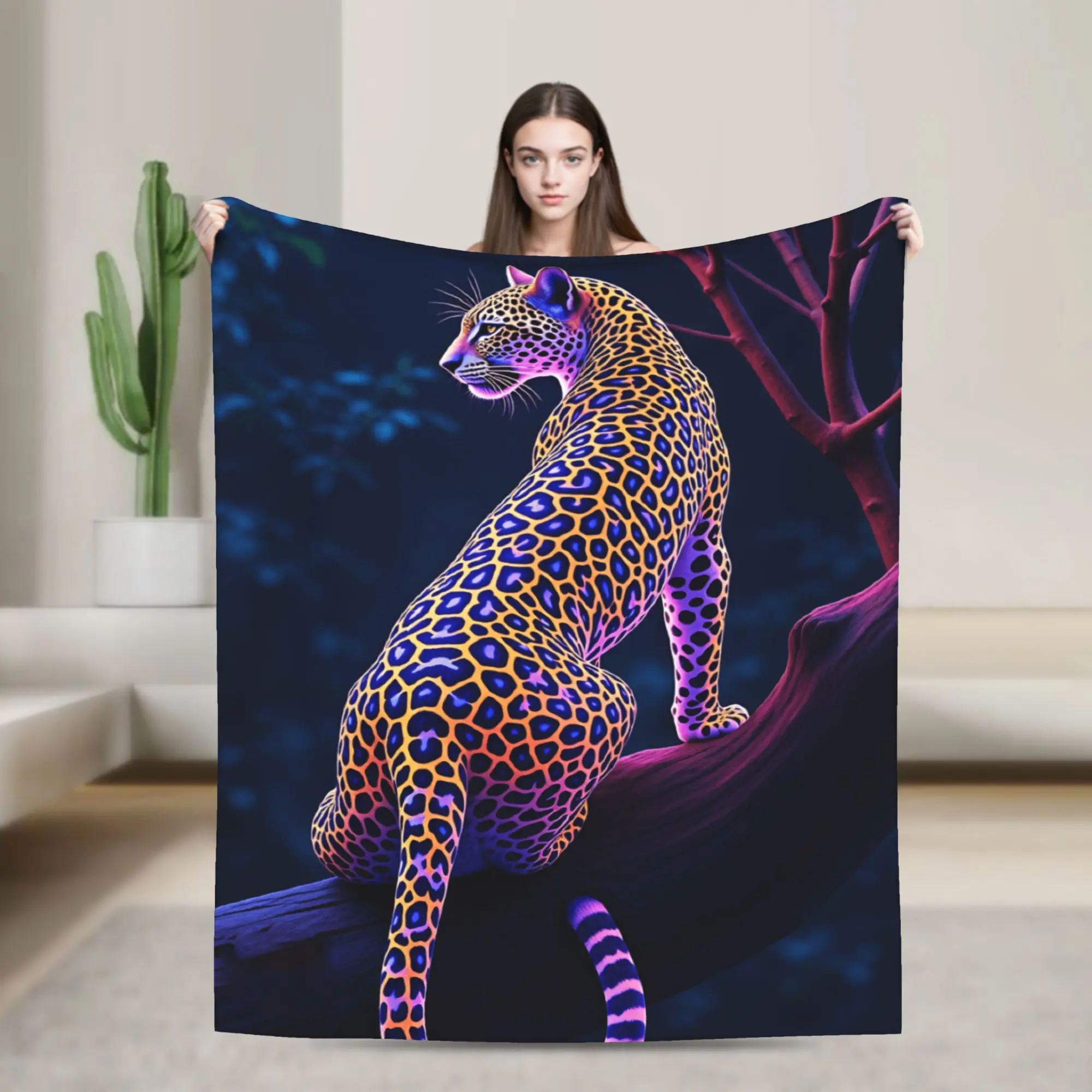 Neon Color Jaguar Sitting On Jungle Tree Branch Blanket Quality Warm Cozy Throw Blanket Winter Picnic Home Decor Trend Bedspread
