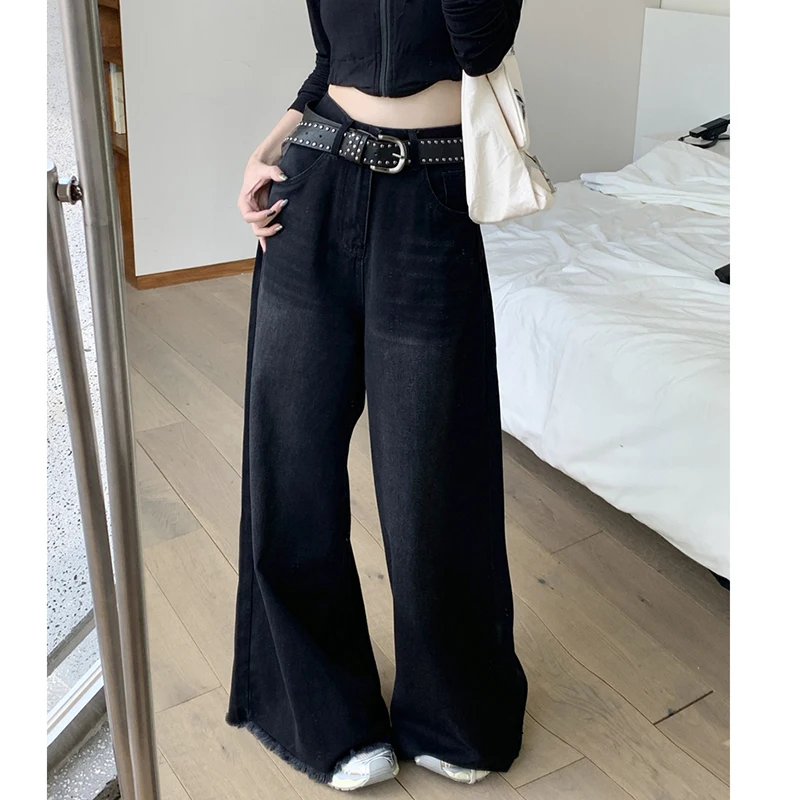 Retro High Waist Wide Leg Jeans Women Boyfriend Cargo Pants Streetwear Fashion Baggy Jeans Black Denim Pants Ripped Trousers