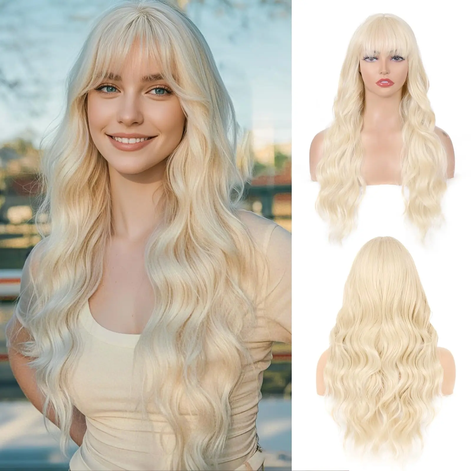Golden 26-inch wavy curly hair synthetic wig - Halloween cosplay role-playing wig - Daily wig - High-temperature silk wig set