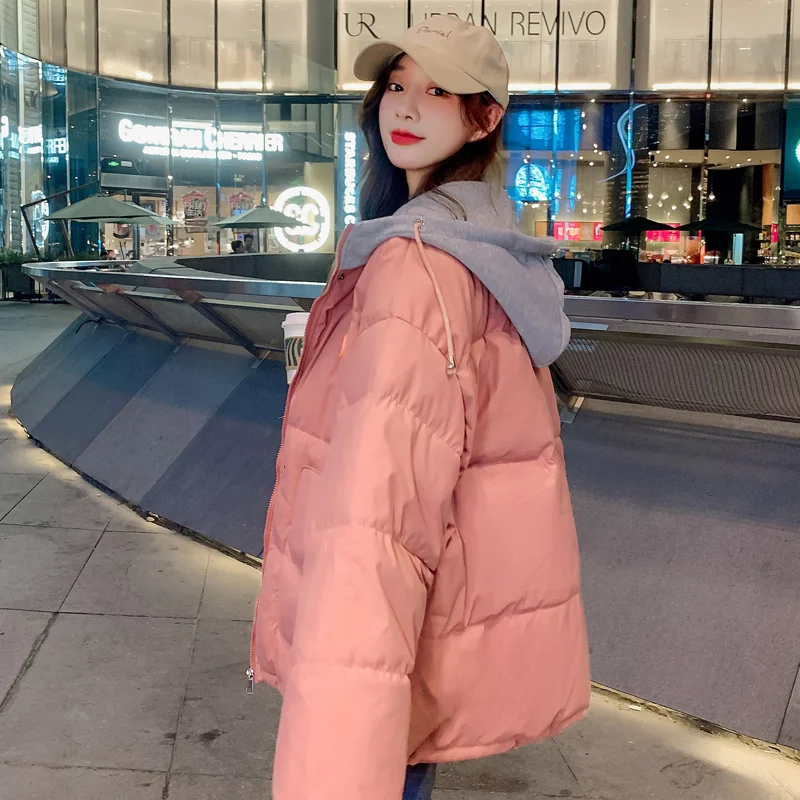 Women Thick Bread Jacket Short Down Cotton Parkas Overcoat Korean Style Loose Winter 2024 New Fake Two-piece Hooded Tops Coats