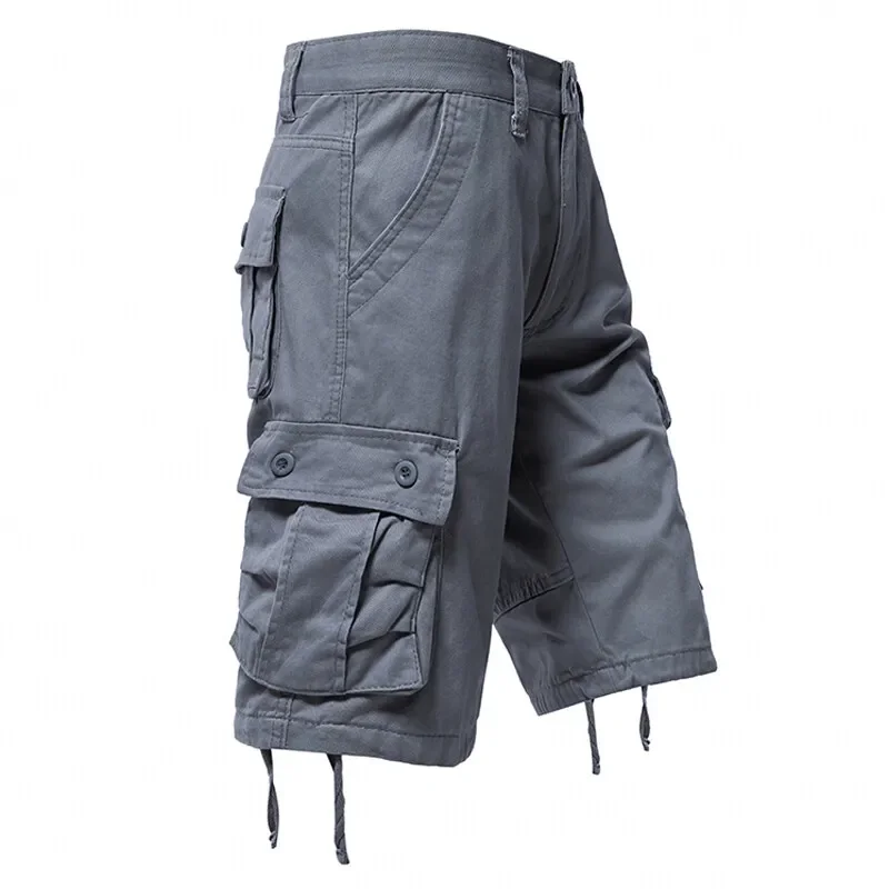 LIBIELIY Summer Multi-Pocket Men's Casual Shorts Cotton Comfortable Cargo Shorts Solid Male Outdoor Sports Zipper Fly Knee Lengt