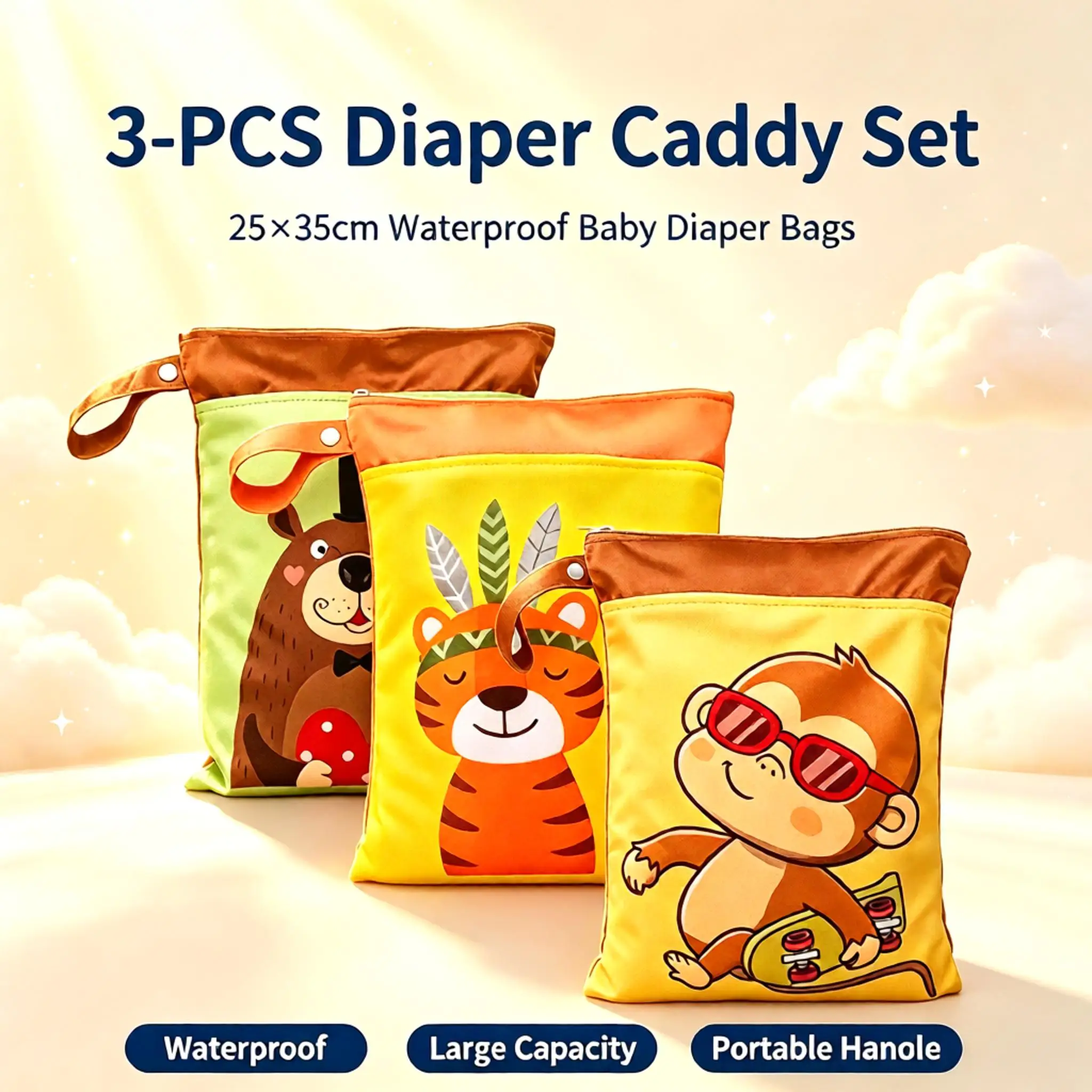 3PCS Cartoon Wet Dry Bag Set Double Pocket Washable Baby Stroller Hanging Large Capacity Diaper Organizer