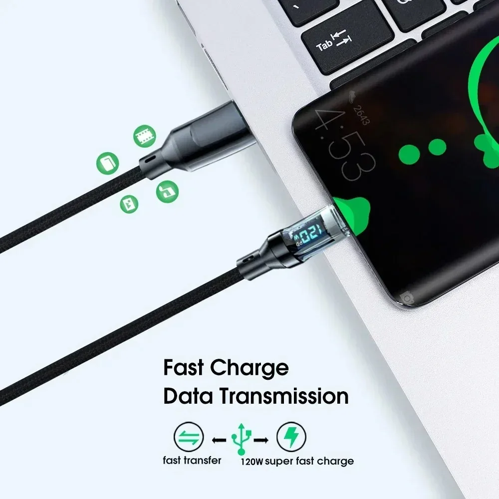 كابل USB إلى النوع C بقدرة 120 وات، كابل شحن سريع للغاية مع شاشة LED 100 وات من النوع C إلى سلك بيانات من النوع C لهاتف Huawei Oppo Vivo