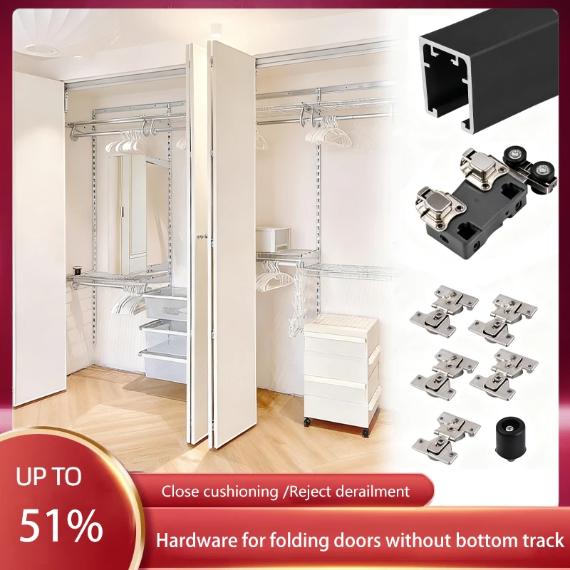 JISHI Falttür-Hardware, komplettes Kit, keine untere Schiene, Überkopf-Schiebesystem für Küchenschrank, Schrank und Raumteiler
