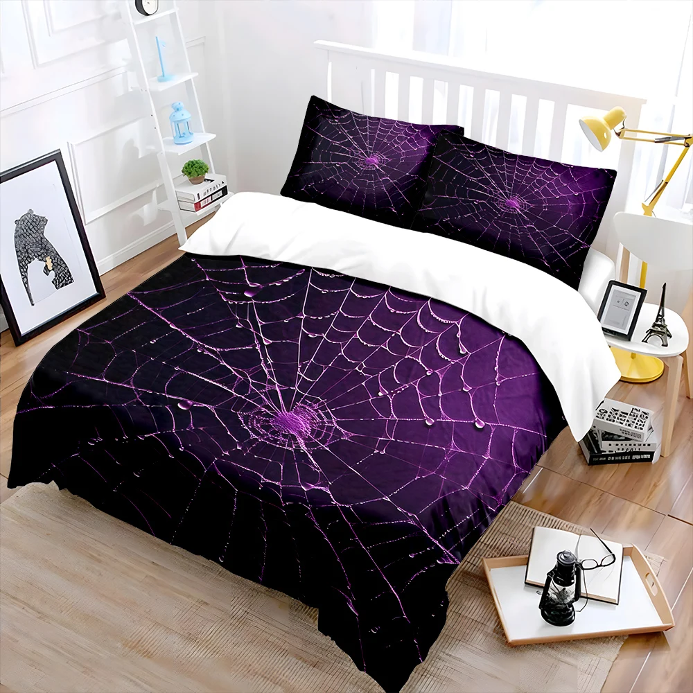 Purple spider web with droplets Print Soft Comfortable Duvet Cover Bedding Set Included 1*Duvet Cover  2*Pillowcases