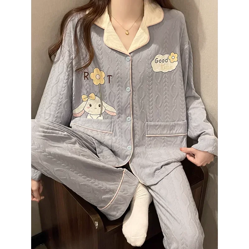 Sanrio yugui cão outono algodão pijamas femininos manga longa conjunto de duas peças pijamas de seda feminino loungewear pijamas calças conjunto