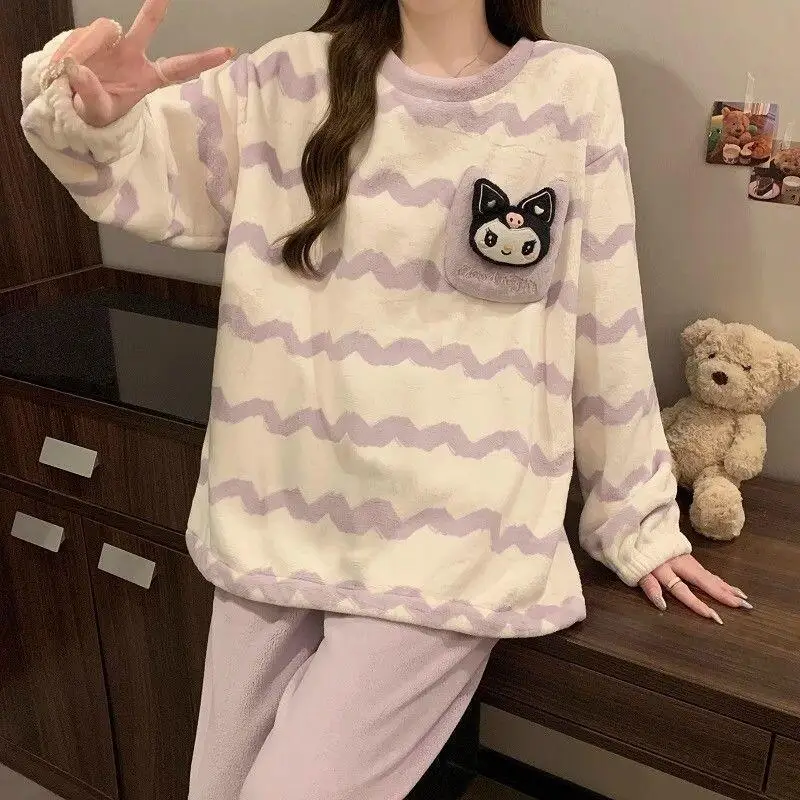 

Sanrio Hello Kitty women's Pajamas Set Sleepwear Coral Fleece Flannel Home Loungewear New Autumn Winter Season Fluffy Thickened