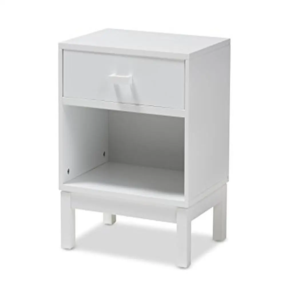 Modern White Nightstand with Drawer Shelf Matching Wooden Handles Rubberwood Frame 15.75