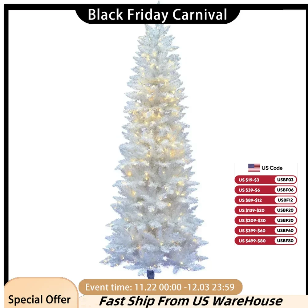 9-Foot Sparkling White Spruce Pencil Artificial Christmas Tree - Pure White LED Light Imitation Spruce Christmas Tree Christmas