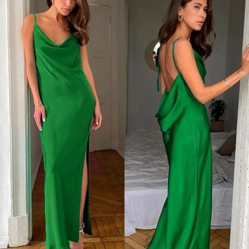 

Sensual Draped Neck Spaghetti Strap Dress Summer New Sexy High-Slit Dress New Fashion Women's Backless Tie-strap Camisole Dress