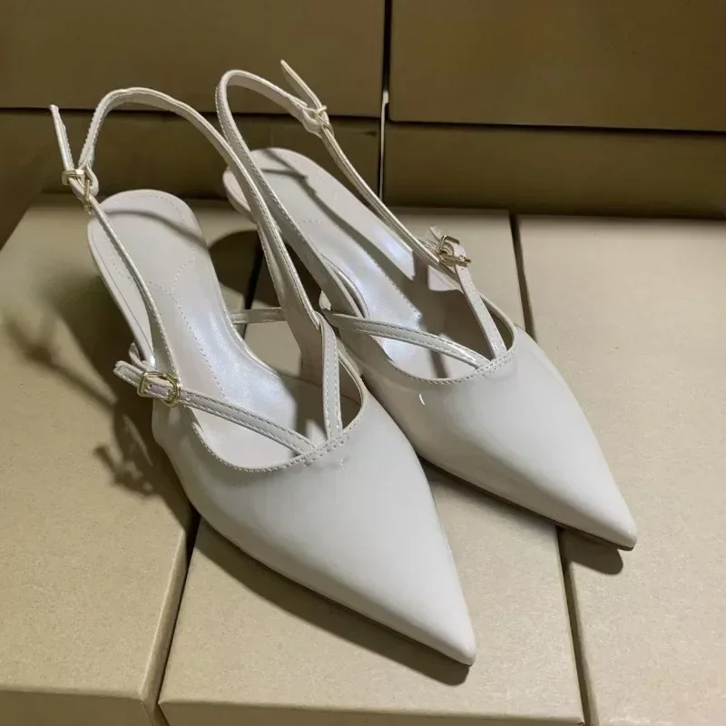 

Elegant Buckle Strap Women Summer Sandals Brand Luxury Pointed Beige Mide Heels Slingback Zapatos Mujer Office Lady Dress Shoes