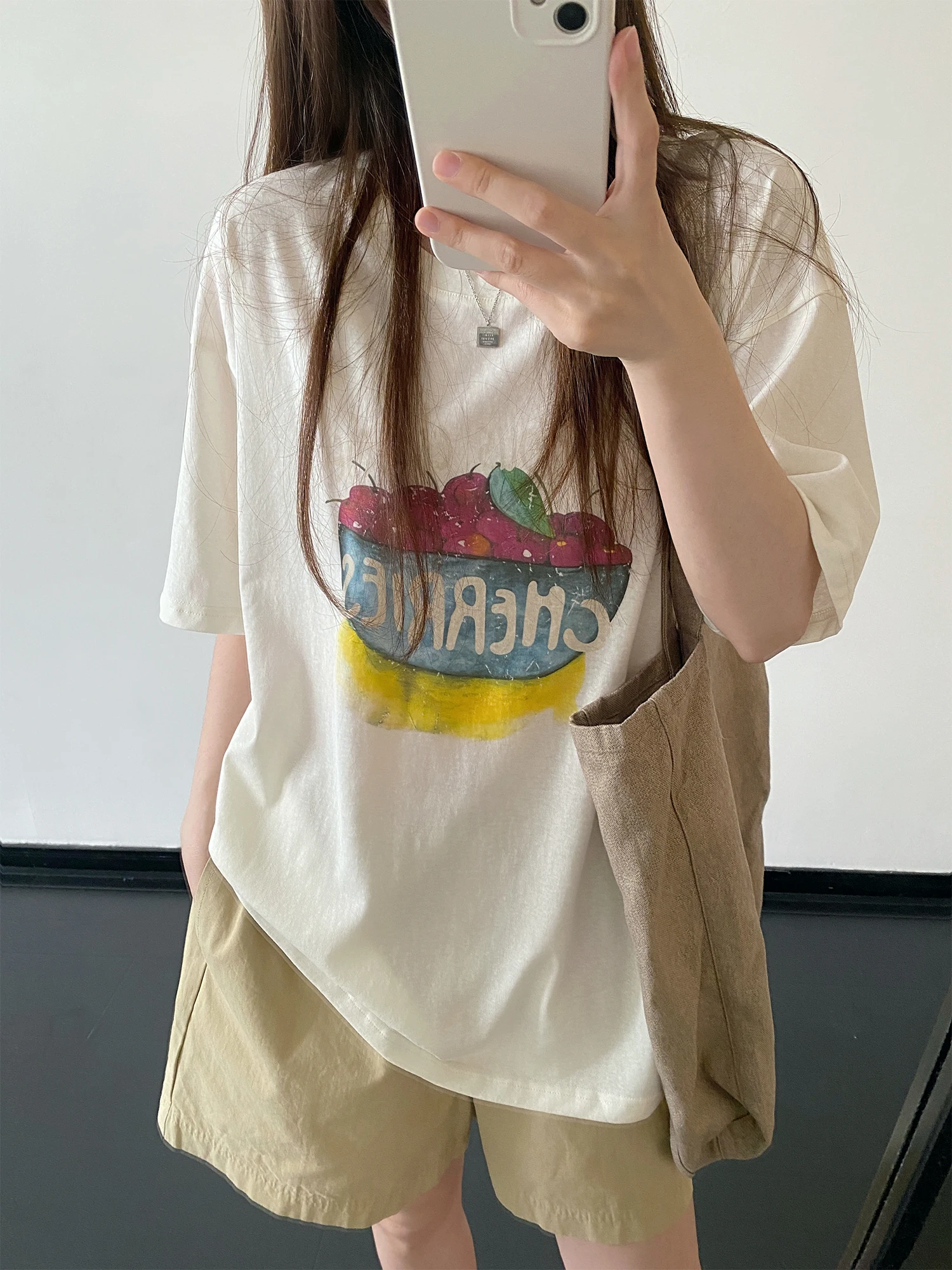 SunYeo Watercolor Hand-drawn Style Cherry Bowl Print T-shirt Thin Casual Loose Fit round Neck Short Sleeve Women's Top