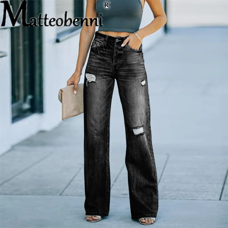 

Весенние модные рваные джинсовые брюки Y2K, женские свободные мешковатые широкие джинсы, женские повседневные брюки со средней талией, трендовая уличная одежда