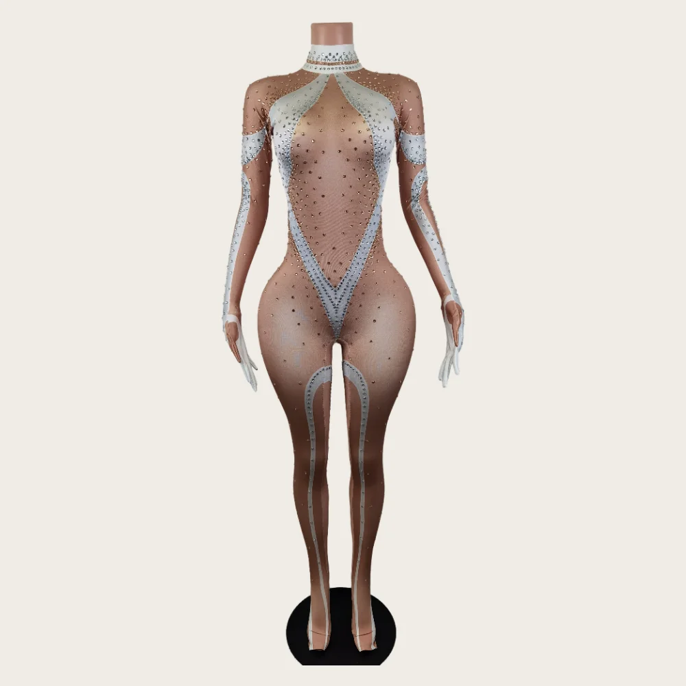 

Sexy Long Sleeves Rompers Showgirl Stage Dance Show Leotards Fashion Diamond Women Party Rhinestone One Piece Spandex Bodysuits