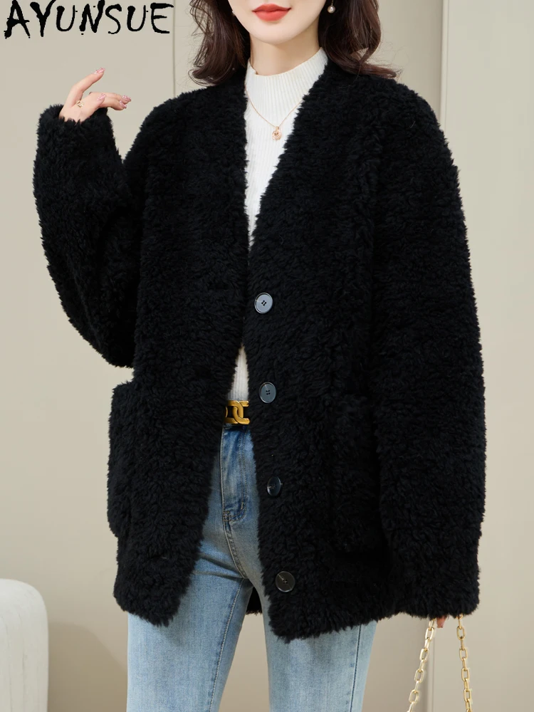 AYUNSUE 100% 천연 양모 여성 자켓 중간 길이 v 넥 양 모피 자켓 여성 의류 고품질 2025 겨울 Abrigo Mujer