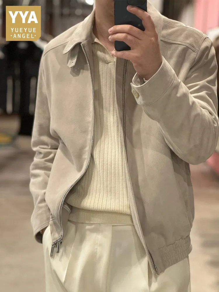 

Mens Genuine Leather Jacket High Quality Business Casual Suede Sheepskin Pilot Coat Zip Loose Fit Spring Autumn Outerwear Male